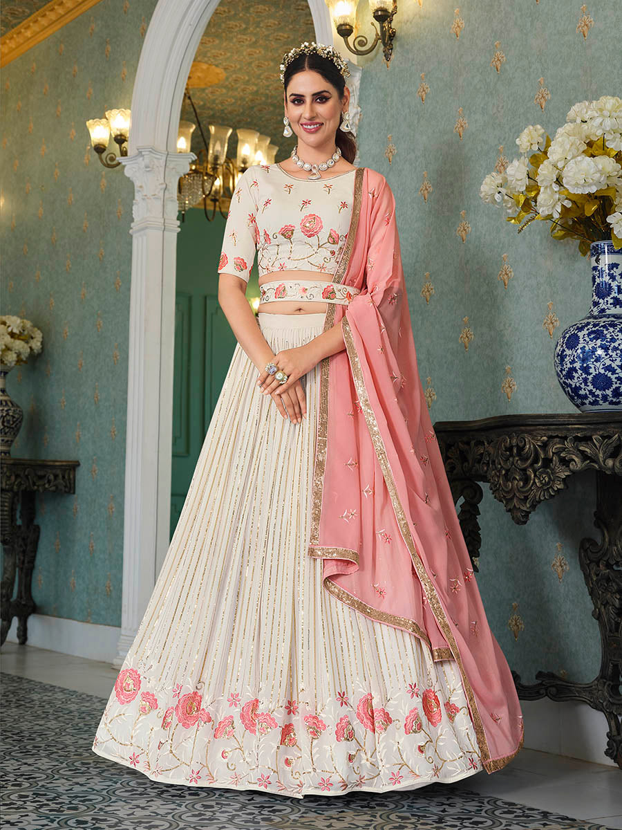 Pearl White Georgette Embroidered Designer Lehenga