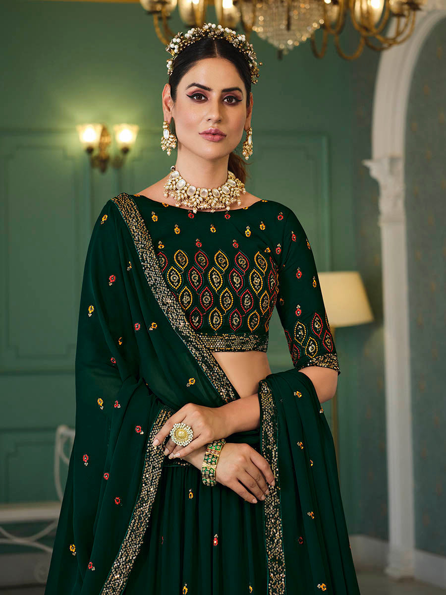 Green Georgette Embroidered Designer Lehenga