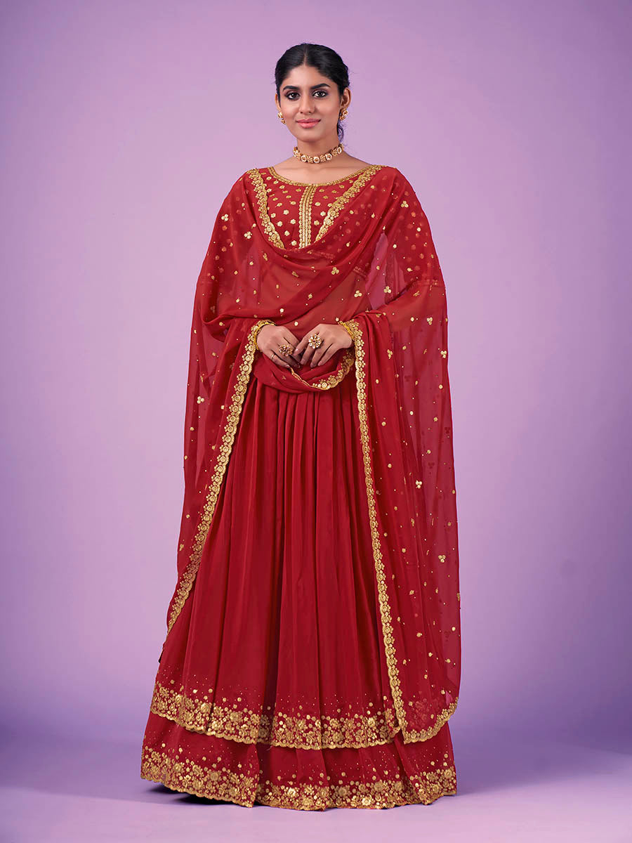 Red Georgette Embroidered Designer Lehenga