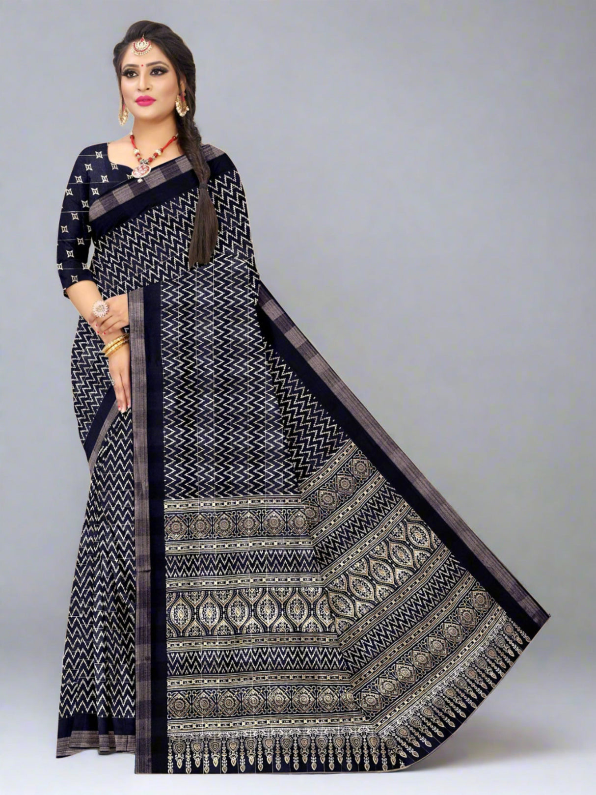 Navy  Chanderi Silk  saree  | BUY 1 GET 1 FREE