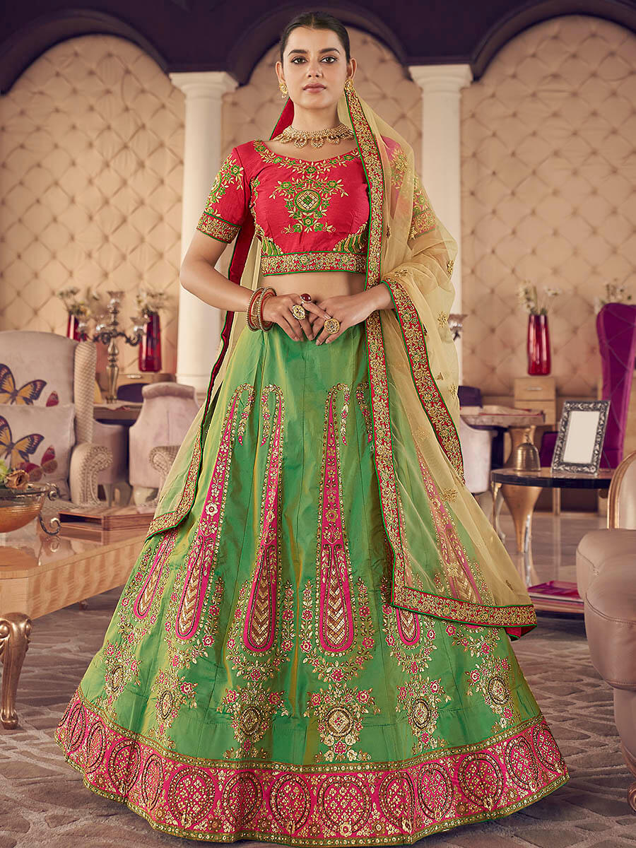 Green Art Silk Jaquard Embroidered Lehenga