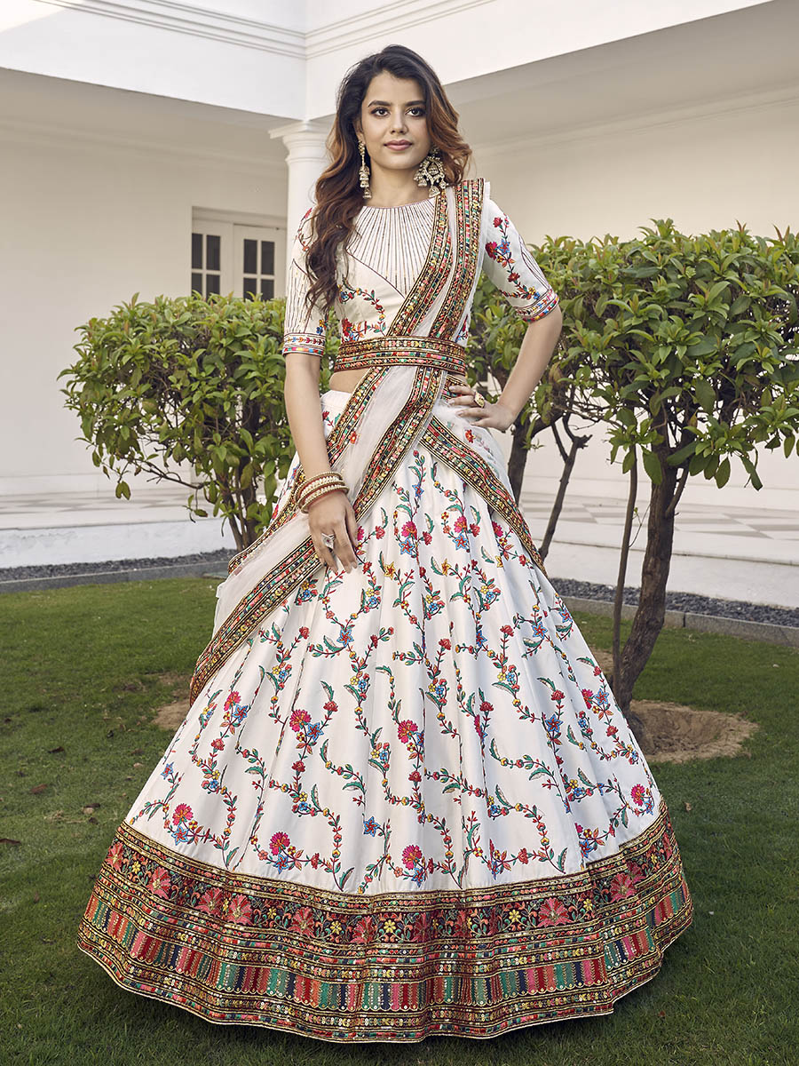 White Silk Heavy Embroidered Lehenga