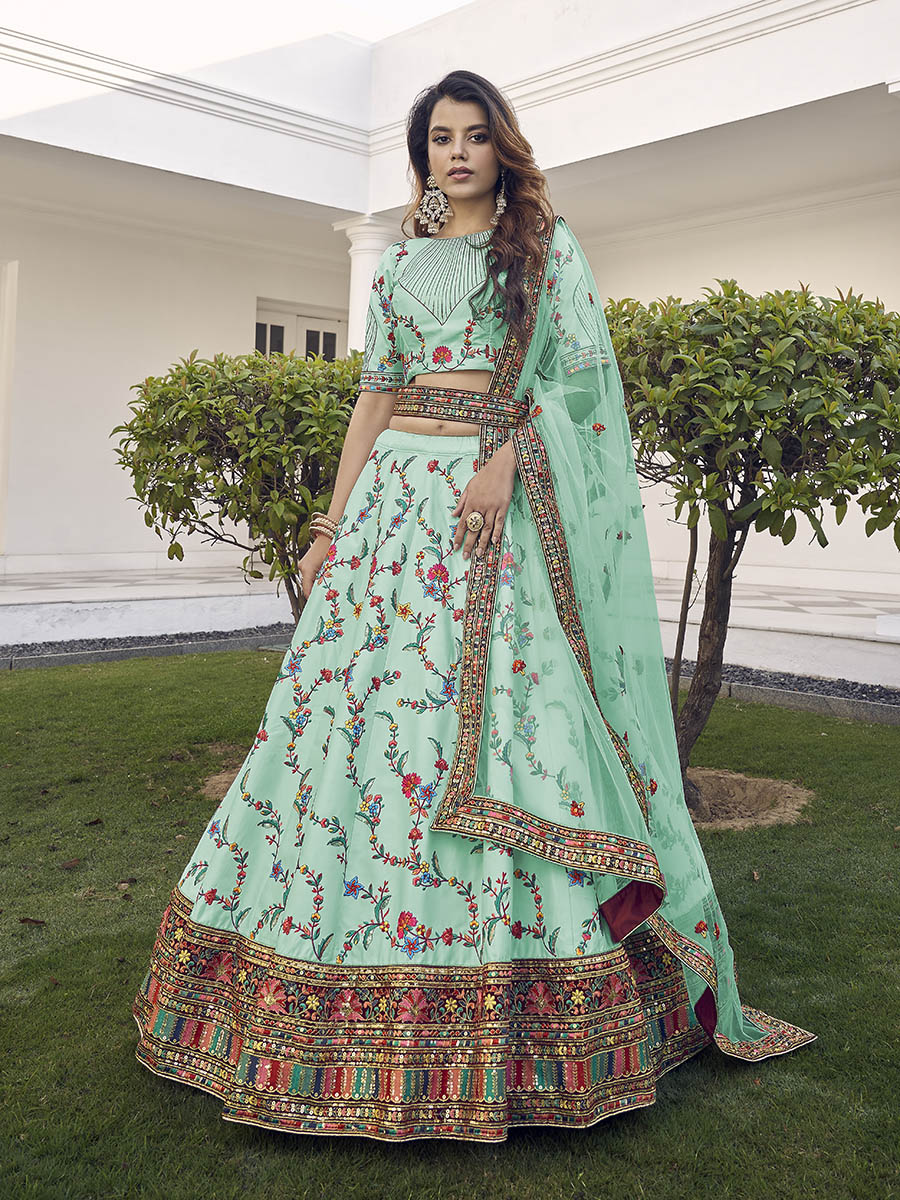 Pista Green Silk Heavy Embroidered Lehenga