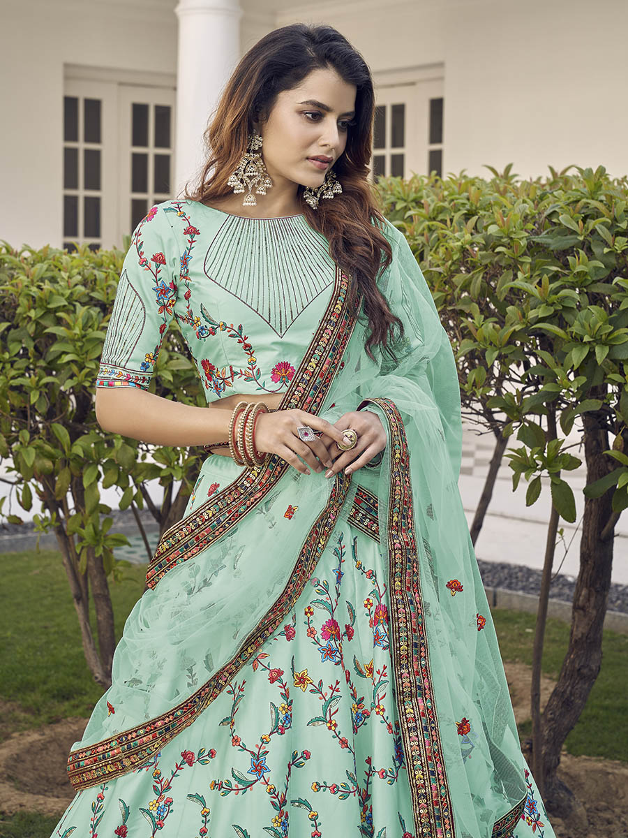 Pista Green Silk Heavy Embroidered Lehenga