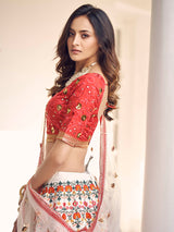 White and Red Art Silk Heavy Embroidered Lehenga