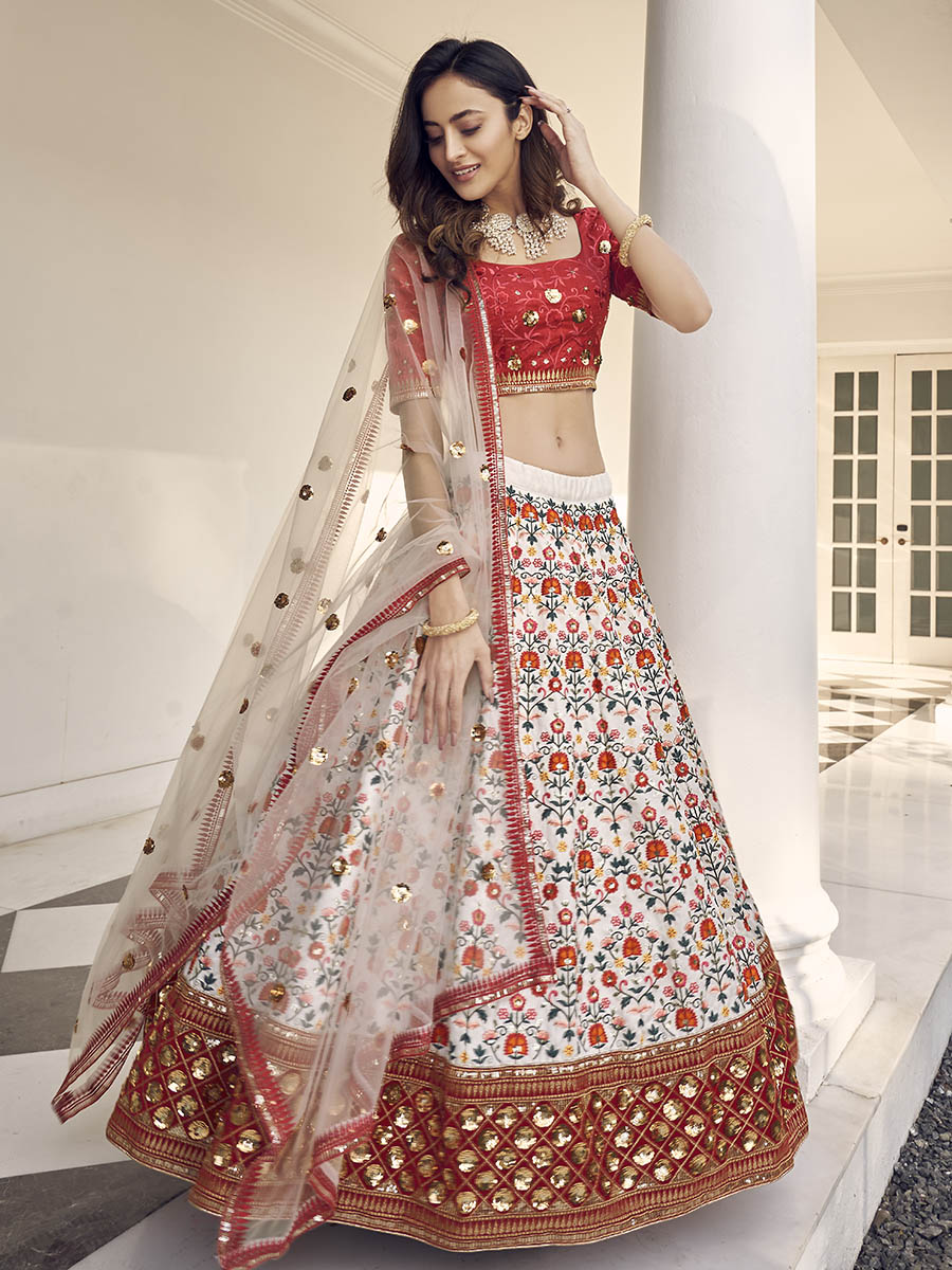 White and Red Art Silk Heavy Embroidered Lehenga