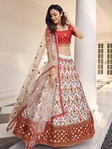 White and Red Art Silk Heavy Embroidered Lehenga