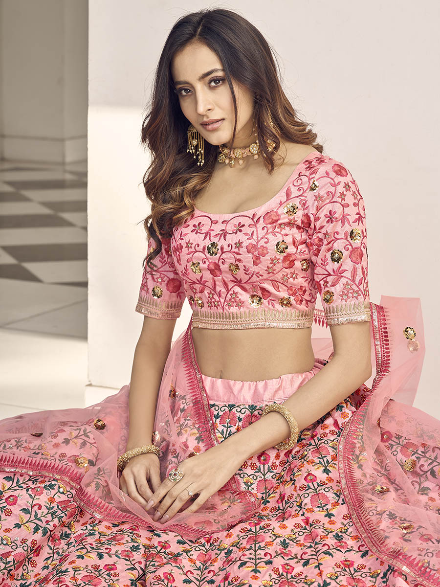 Pink Art Silk Heavy Embroidered Lehenga