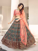 Orange and Green Silk Heavy Embroidered Lehenga