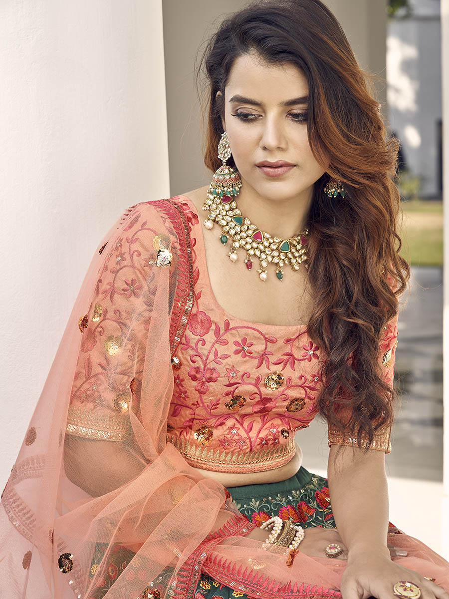 Orange and Green Silk Heavy Embroidered Lehenga