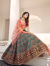 Orange and Green Silk Heavy Embroidered Lehenga