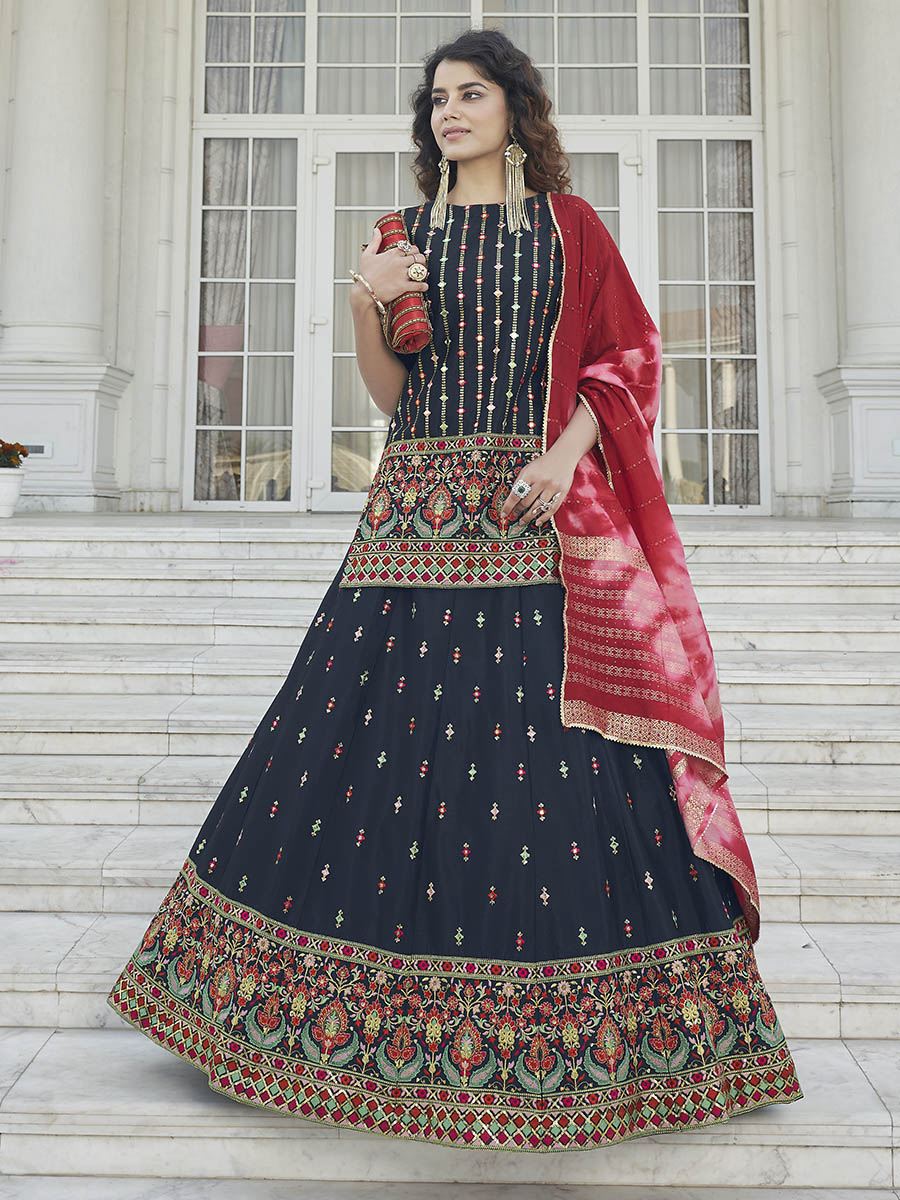 Navy Blue - Pink Embroidered Designer Lehenga