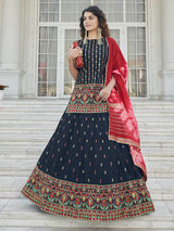 Navy Blue - Pink Embroidered Designer Lehenga