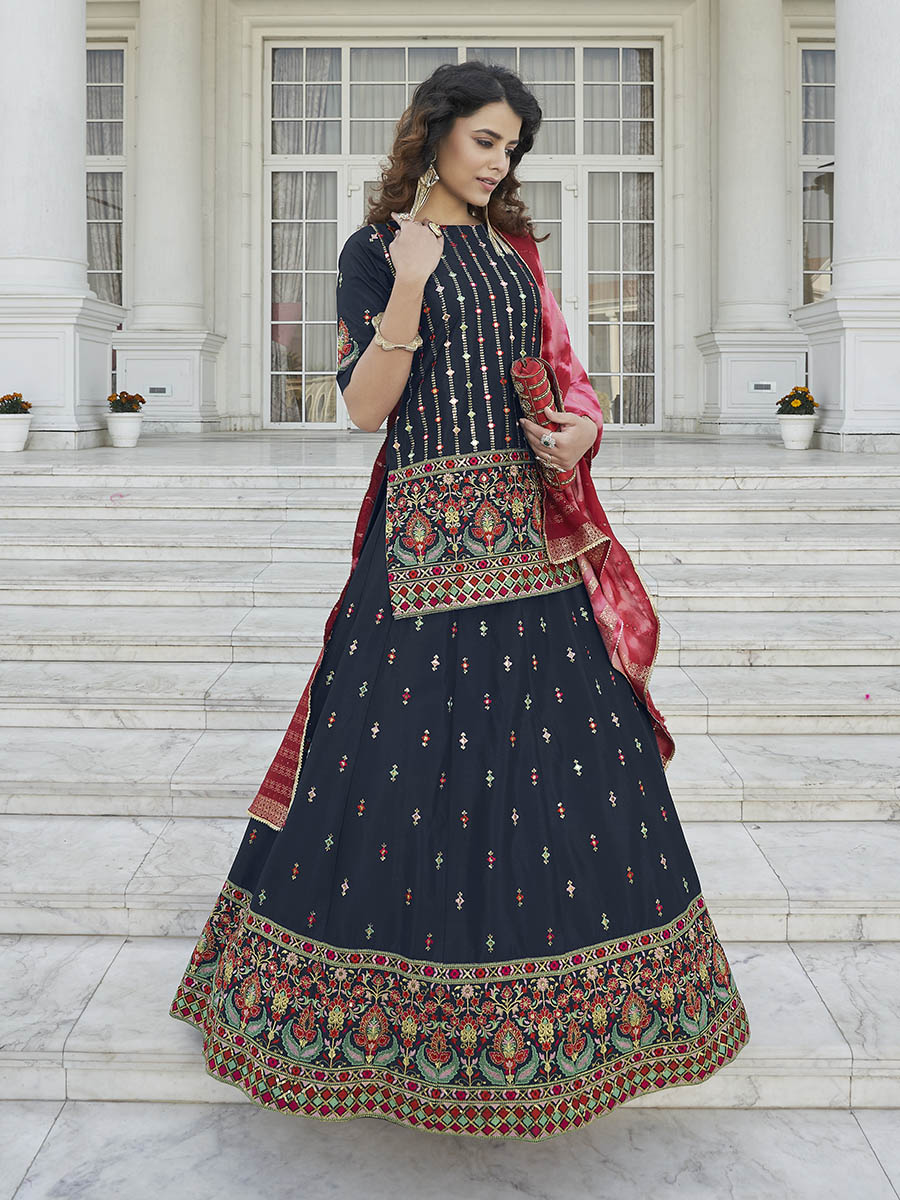 Navy Blue - Pink Embroidered Designer Lehenga