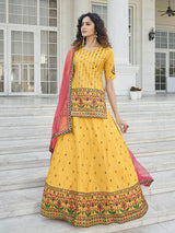 Yellow - Deep Pink Embroidered Designer Lehenga