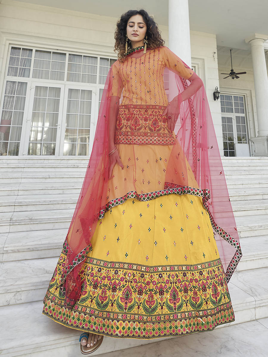 Yellow - Deep Pink Embroidered Designer Lehenga