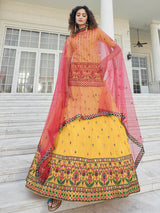 Yellow - Deep Pink Embroidered Designer Lehenga