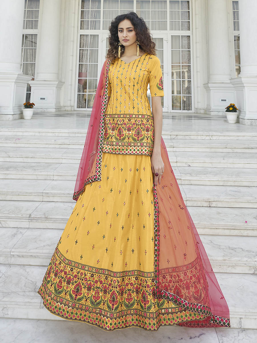 Yellow - Deep Pink Embroidered Designer Lehenga