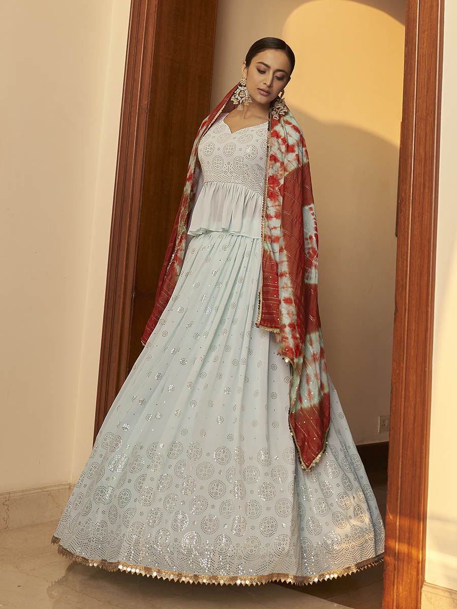 Sky Multicolour Shibori Print Designer Lehenga