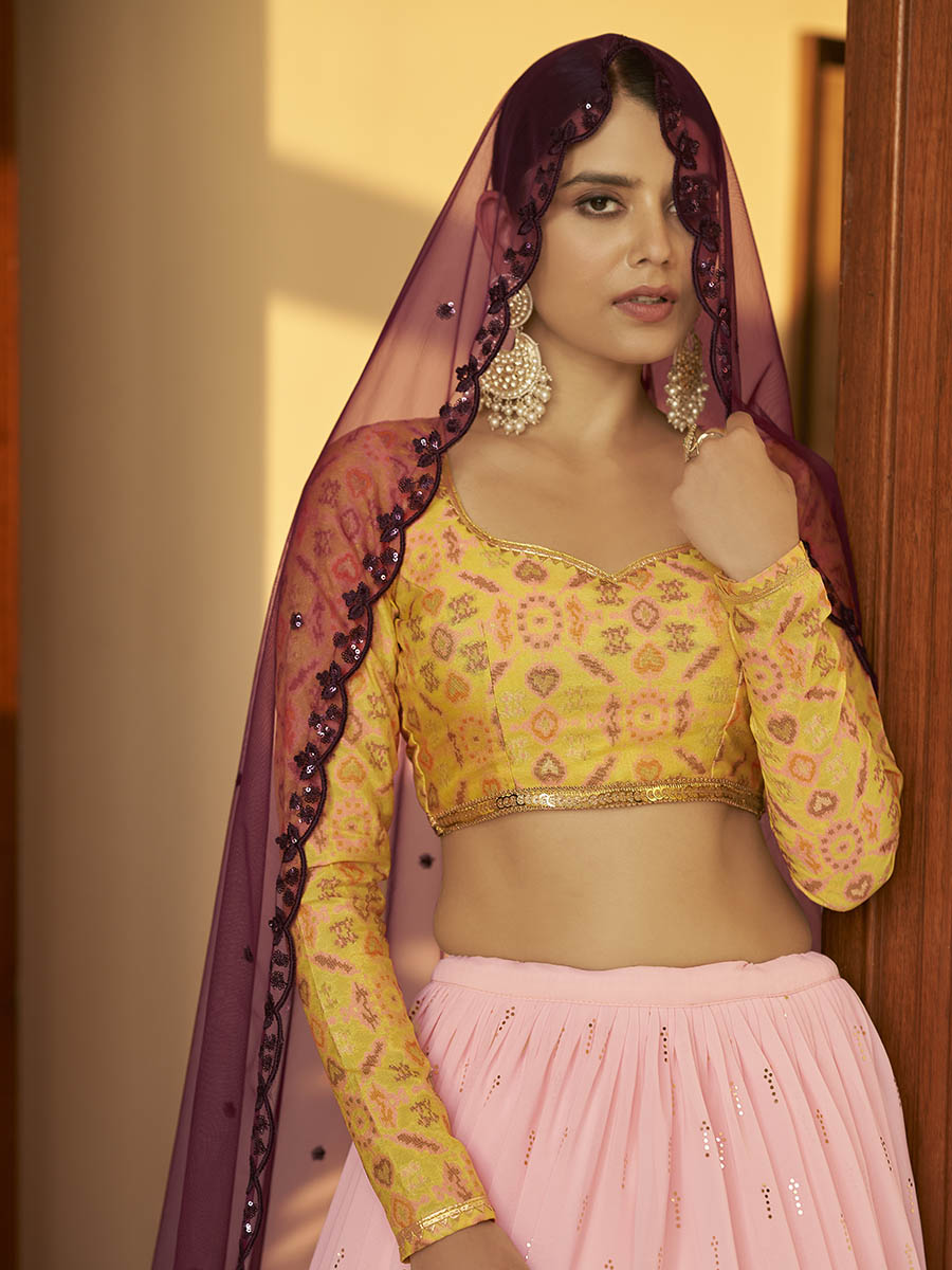 Multicolour Georgette Mukaish Work Designer Lehenga