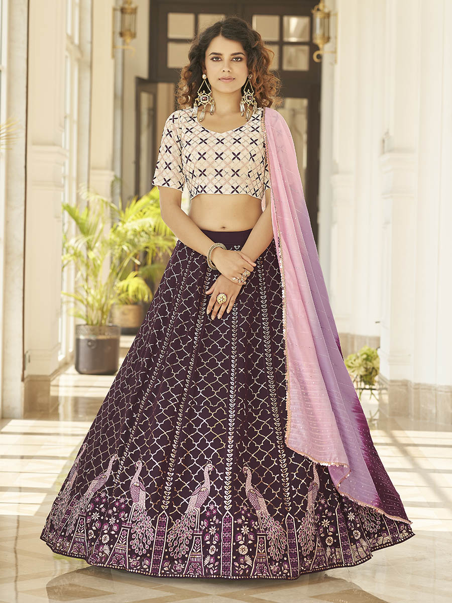 Purple & White Georgette Embroidered Designer Lehenga