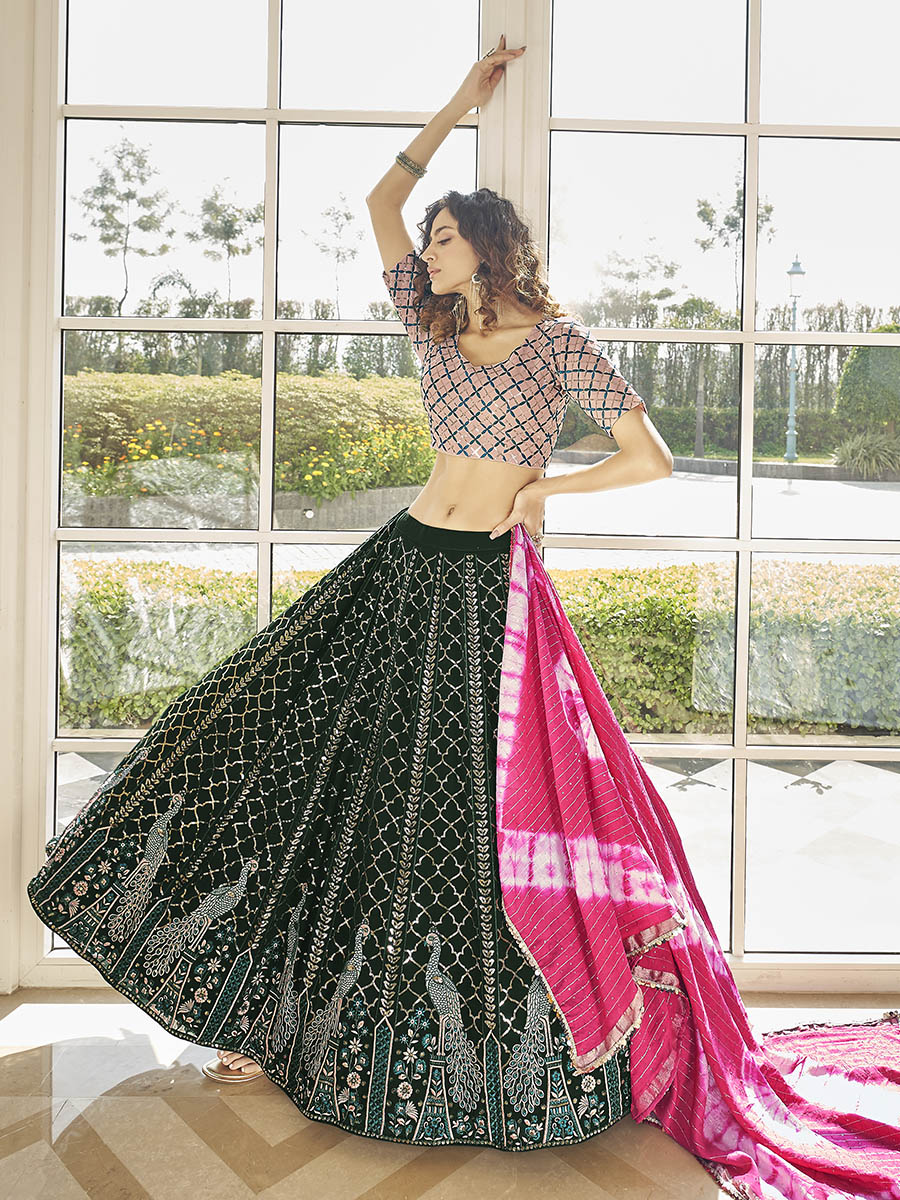 Green & Pink Georgette Embroidered Designer Lehenga