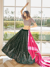 Green & Pink Georgette Embroidered Designer Lehenga