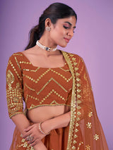 Orange Georgette Embroidered Designer Lehenga