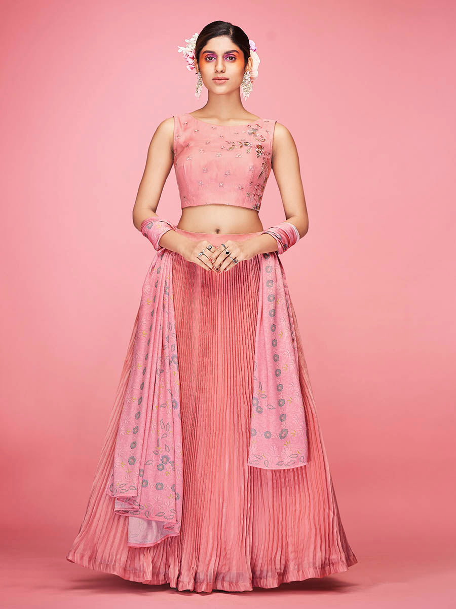 Peach Art Silk Embroidered Designer Lehenga