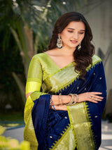 Navy & Mehandi Green Soft Banaras Silk Saree