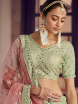 Pista Green Crepe Embroidered Lehenga