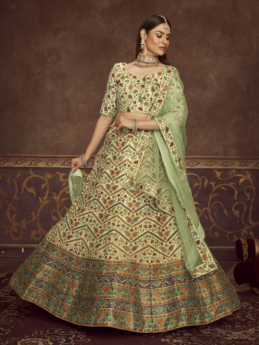 Mint Green Art Silk Embroidered Designer Lehenga