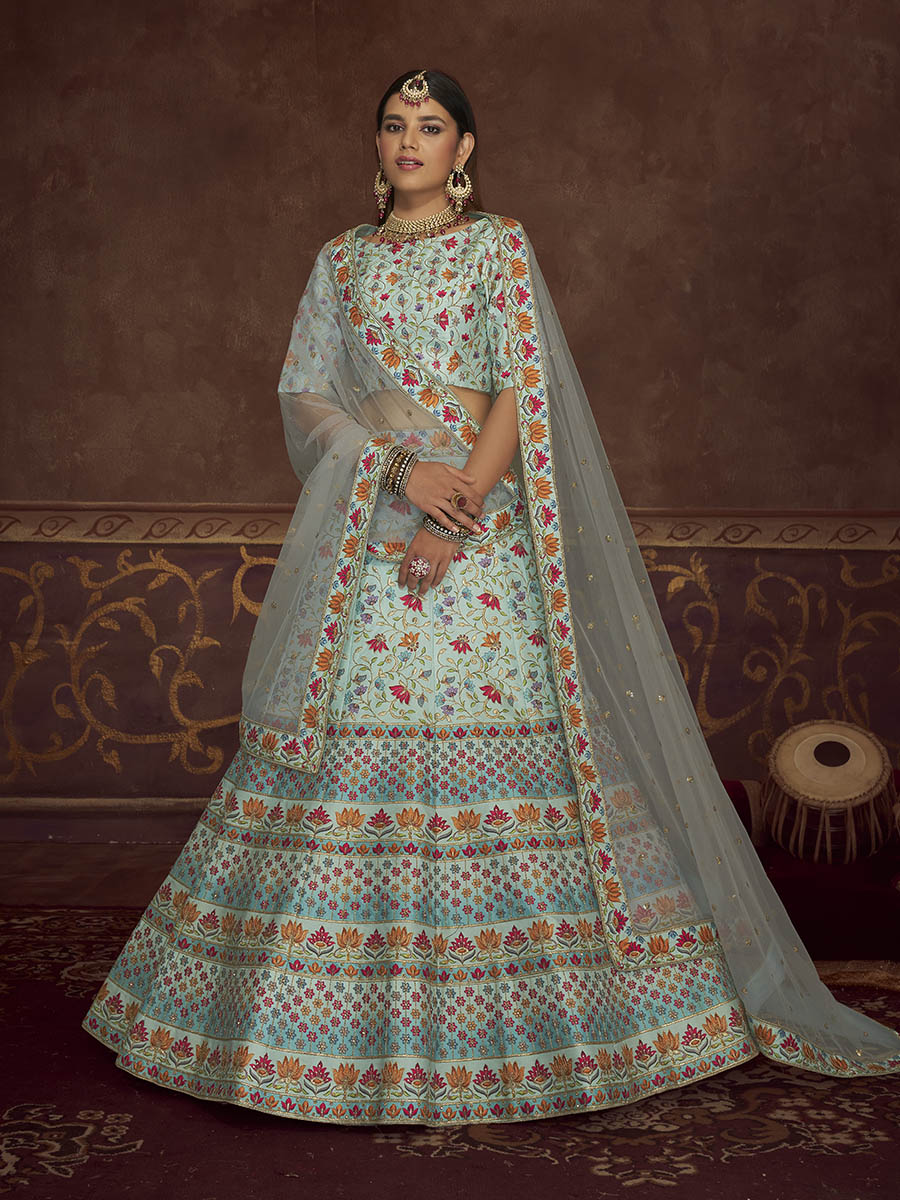 Sky Art Silk Embroidered Designer Lehenga