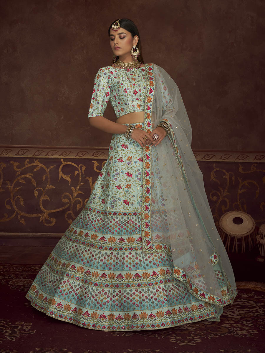 Sky Art Silk Embroidered Designer Lehenga