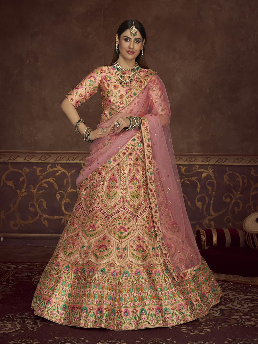 Peach Pink Art Silk Embroidered Designer Lehenga