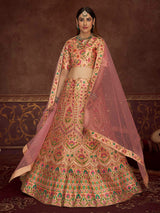 Peach Pink Art Silk Embroidered Designer Lehenga