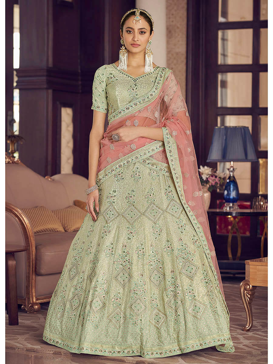 Pista Green Crepe Embroidered Lehenga