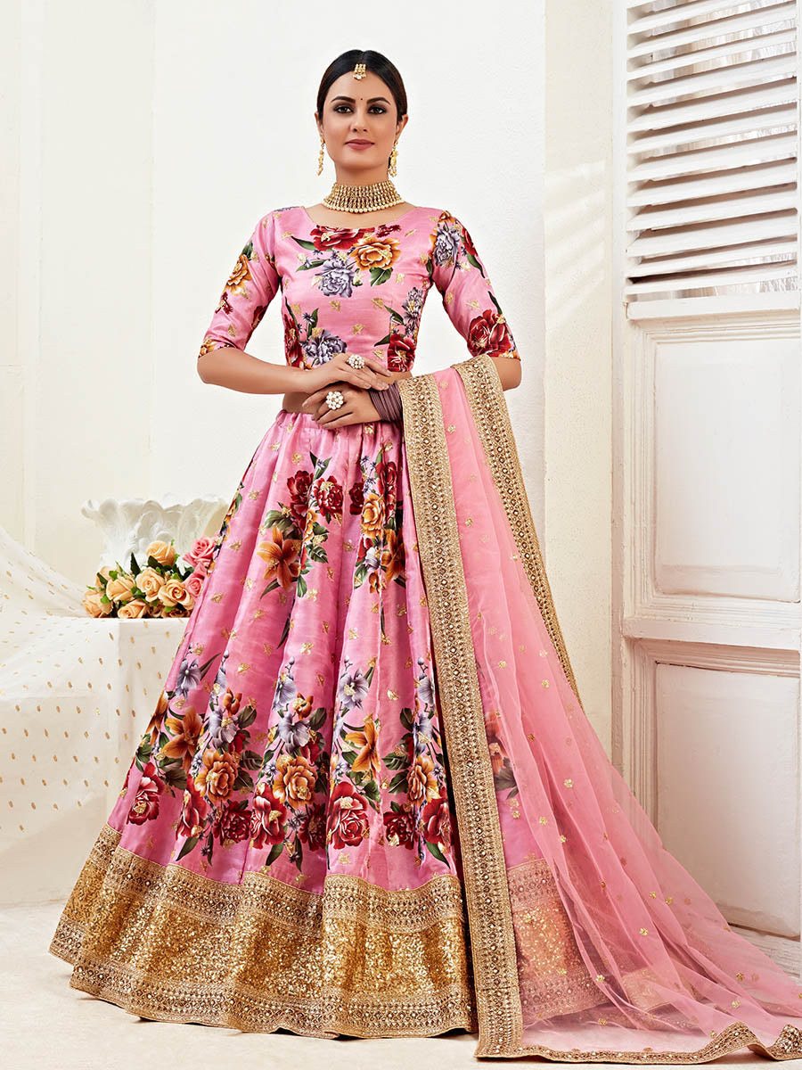 Pink Floral Print Embroidered Designer Lehenga