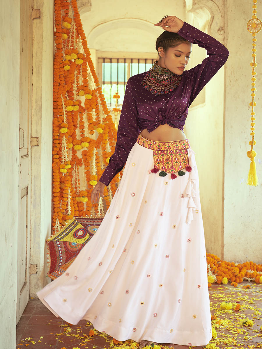 Purple & White Cotton Embroidered Navratri Special Lehenga