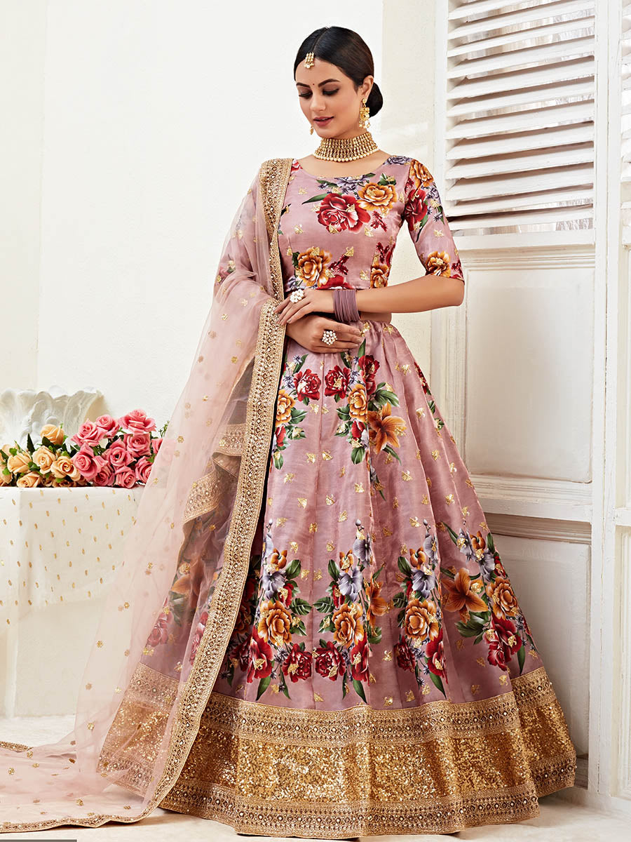 Rosy Brown Floral Print Embroidered Designer Lehenga