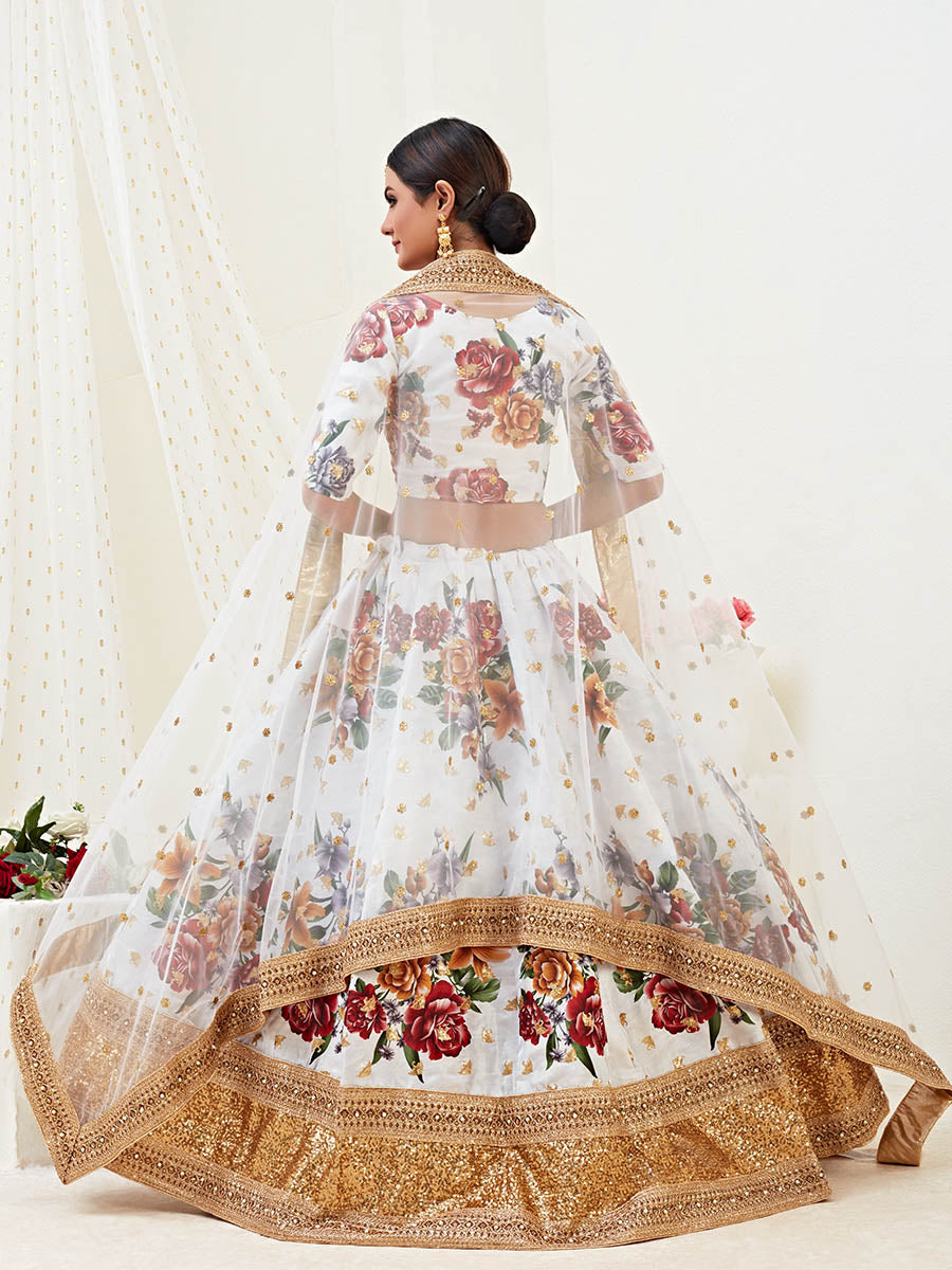 White Floral Print Embroidered Designer Lehenga