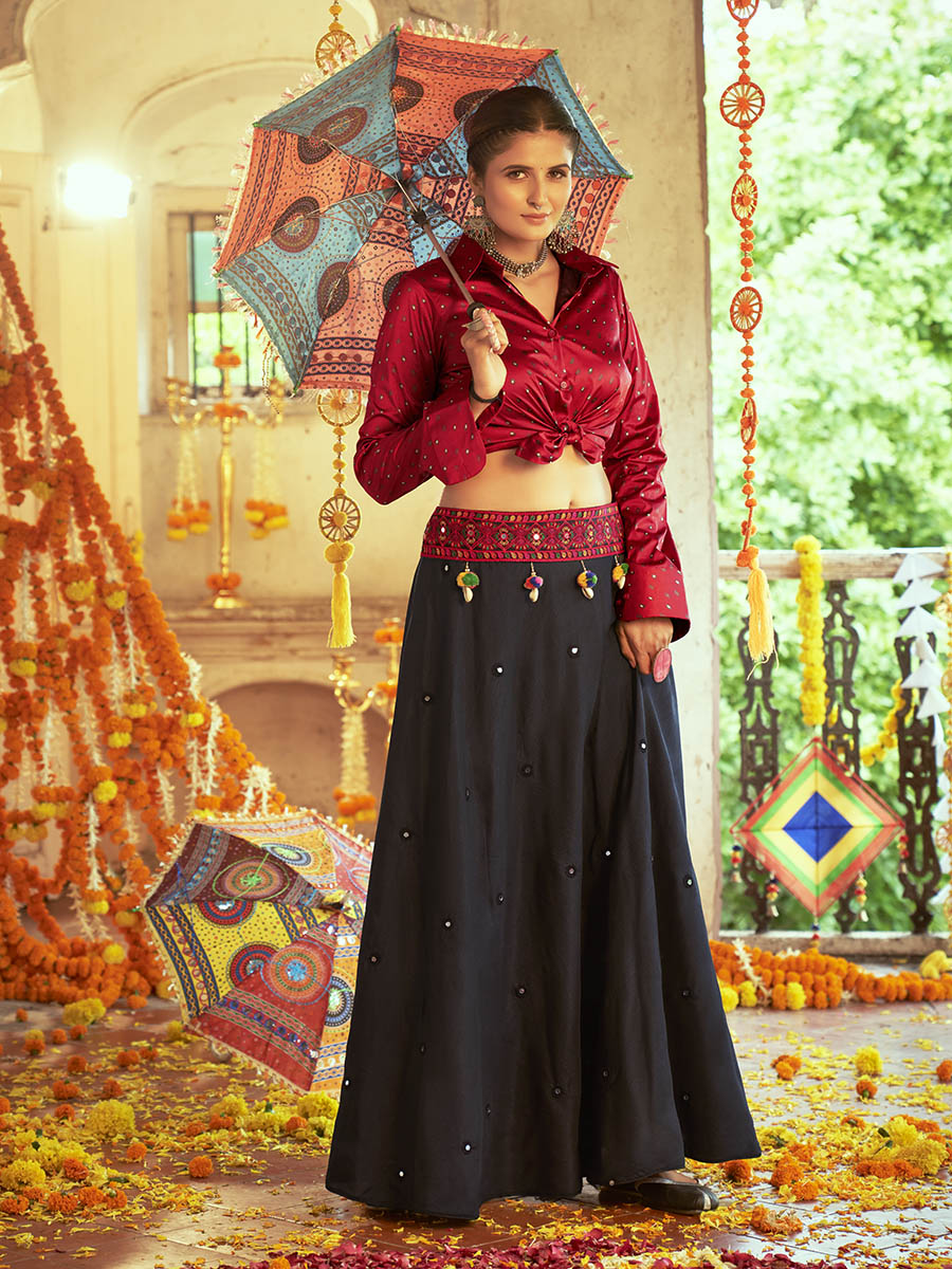 Maroon & Black Cotton Embroidered Navratri Special Lehenga