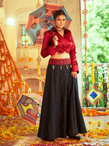 Maroon & Black Cotton Embroidered Navratri Special Lehenga