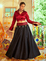 Maroon & Black Cotton Embroidered Navratri Special Lehenga