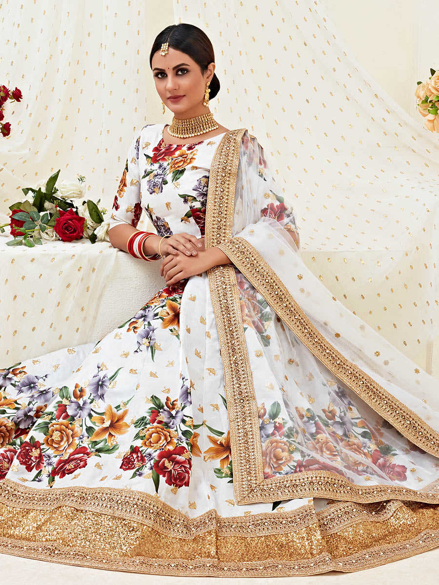 White Floral Print Embroidered Designer Lehenga