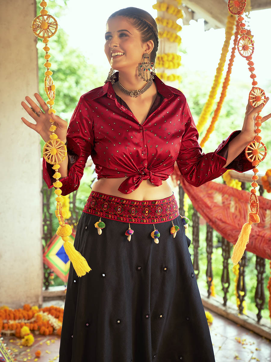 Maroon & Black Cotton Embroidered Navratri Special Lehenga