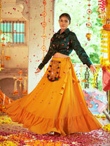 Green & Musturd Yellow Cotton Embroidered Navratri Special Lehenga