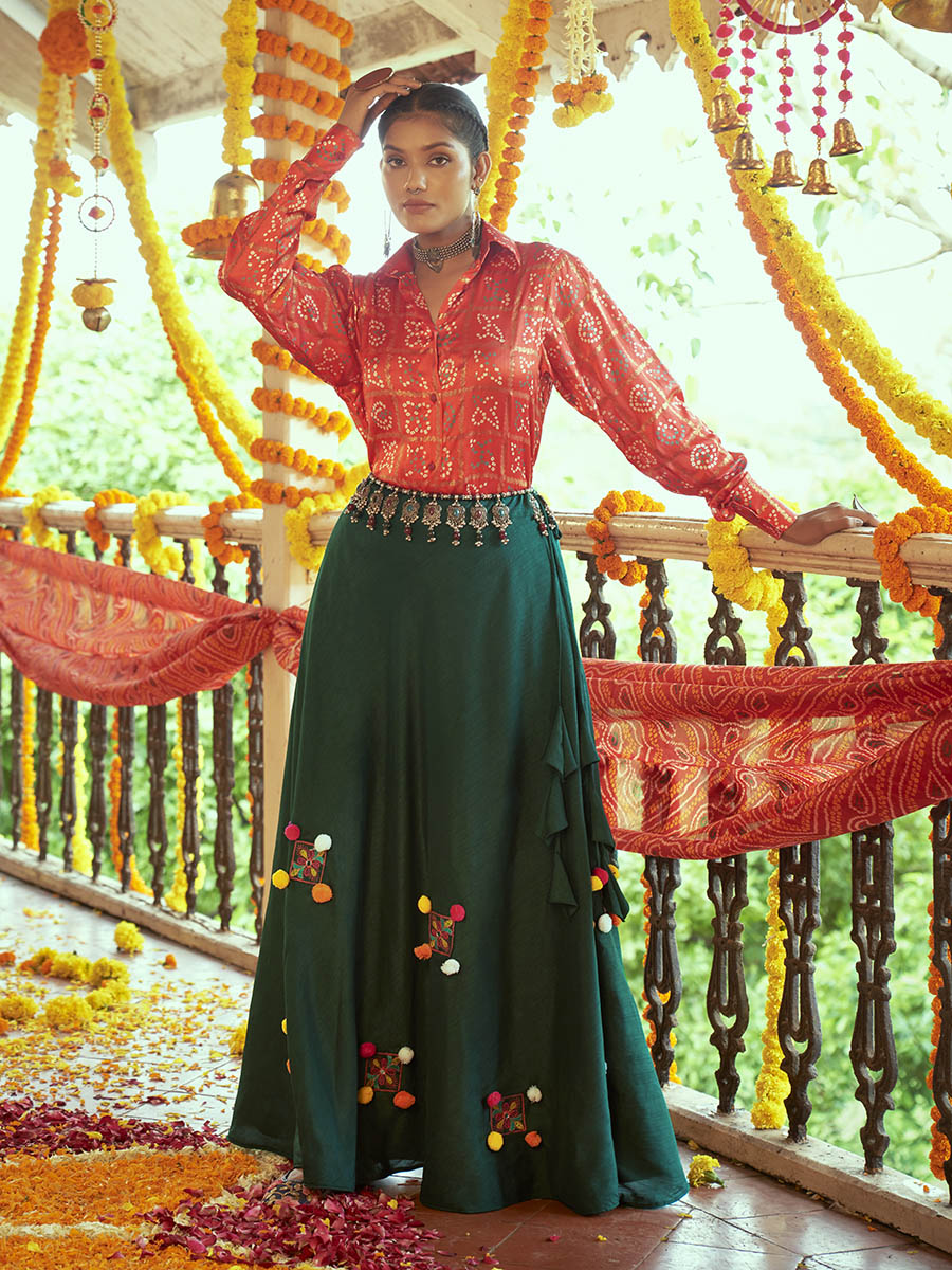 Tomato Red & Green Cotton Embroidered Navratri Special Lehenga