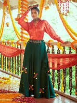 Tomato Red & Green Cotton Embroidered Navratri Special Lehenga