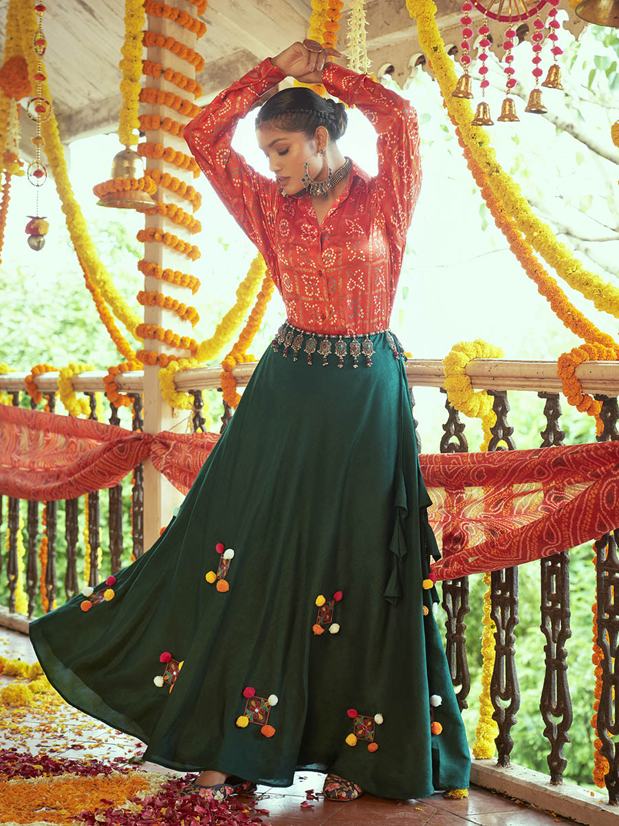 Tomato Red & Green Cotton Embroidered Navratri Special Lehenga